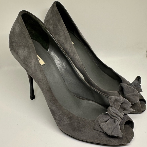 Miu Miu Shoes - Miu Miu Grey Suede Peep Tow Bow Stiletto‎ Heels size 10.5 (40.5) EUC! 😍